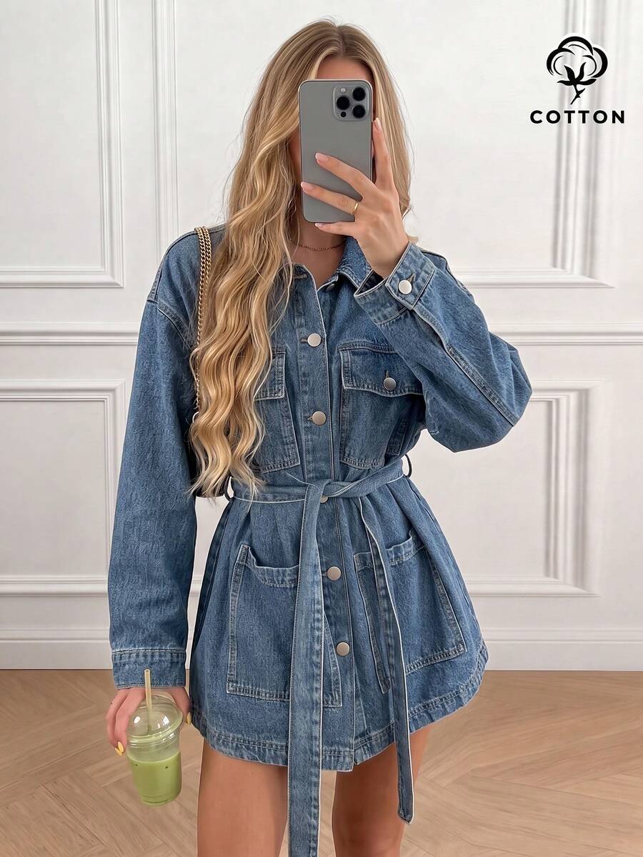 Blaues Denim-Jacke mit geraffter Taille, mittlerer Waschung, Mehrfach-Taschen, Retro-Hongkong-Stil, locker, mittellang, vielseitig, lässig - Mittele Waschung - Übersicht 1