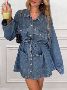 Blaues Denim-Jacke mit geraffter Taille, mittlerer Waschung, Mehrfach-Taschen, Retro-Hongkong-Stil, locker, mittellang, vielseitig, lässig - Mittele Waschung - Übersicht 2