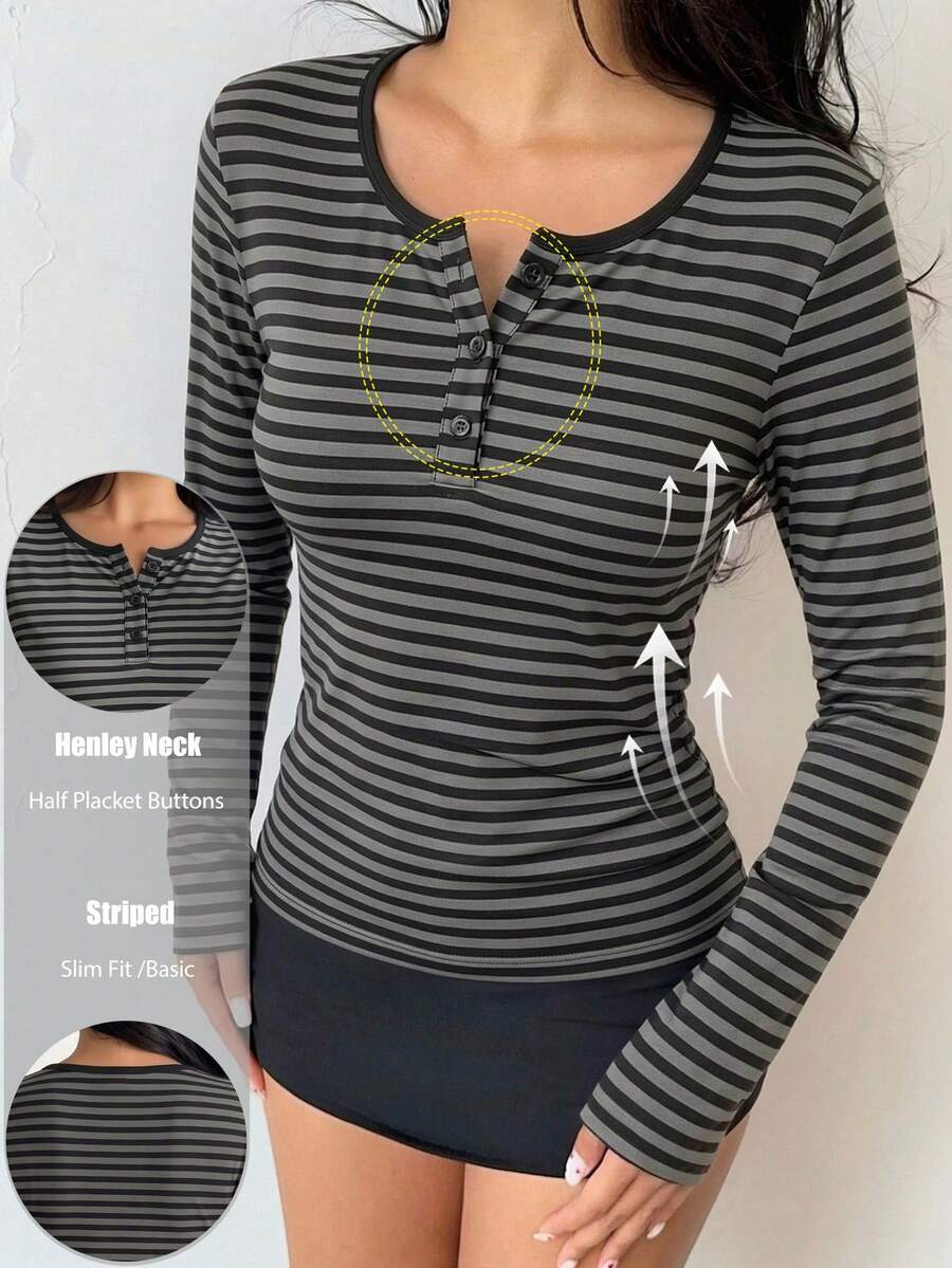 1pc Women Striped Henley Neck Half Button Long Sleeve Tee, Slim Fit ...