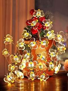 1pc Home Decoration LED Plastic Bee Light String, Battery Powered, Indoor Room Decoration LED Copper Wire Light String, Desktop Decoration Bee Light String, Spring Festival Party Decoration Light String, Outdoor Garden Decoration Bee Light String - Yellow - View 12