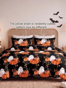 2pcs/3pcs Black Background Cute Ghosts Picking Pumpkins Halloween Style Digital Printed Bedspread Set (1 Duvet Cover + 1/2 Pillowcases Without Insert) Suitable For Daily Use, Made Of Polyester And Other Synthetic Fibers, Soft And Comfortable For Skin - Multicolor - View 5