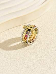 1pc European And American Luxury Style Colorful Zirconia Inlaid Cross Stacked Design Fashion Personalized Ring For Women, Wedding, Party, Vacation, Gift Accessory - Multicolor - View 7