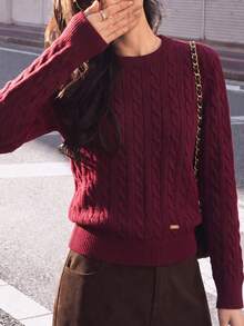Women's Casual Minimalist Vintage Cable Knit Crew Neck Pullover Sweater, Autumn/Winter - Purplish-red - View 5