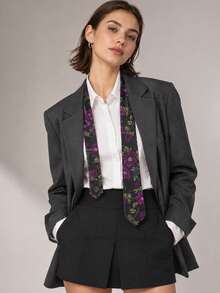 1pc Floral & Bird Pattern Casual Polyester Necktie, Black With Purple Flowers, Neck Accessory For Women, Spring Summer Autumn Winter - Black - View 7
