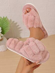 Women's Cross Strap Thick Furry Slippers, Comfortable Indoor Home Slippers, Open Toe Warm Slippers For Autumn Winter All Seasons, Gift For Girls - Pink - View 7