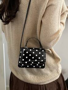 Mini Polka Dot Pattern Fashion PU Designer Style Elegant Women's Flap Top Small Handbag, Square Crossbody Shoulder Bag - Black - View 3