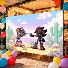 Sonic 西部牛仔決鬥派對背景布，戶外沙漠仙人掌風景攝影背景，男孩遊戲生日派對牆面裝飾 - 彩色 - 查看 3