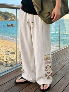 1pc Men's Pastoral Style Wide Leg Casual Pants With Exotic Pattern Patchwork Hem, Clean Silhouette, Versatile For Daily Commute And Casual Wear - Apricot - View 1