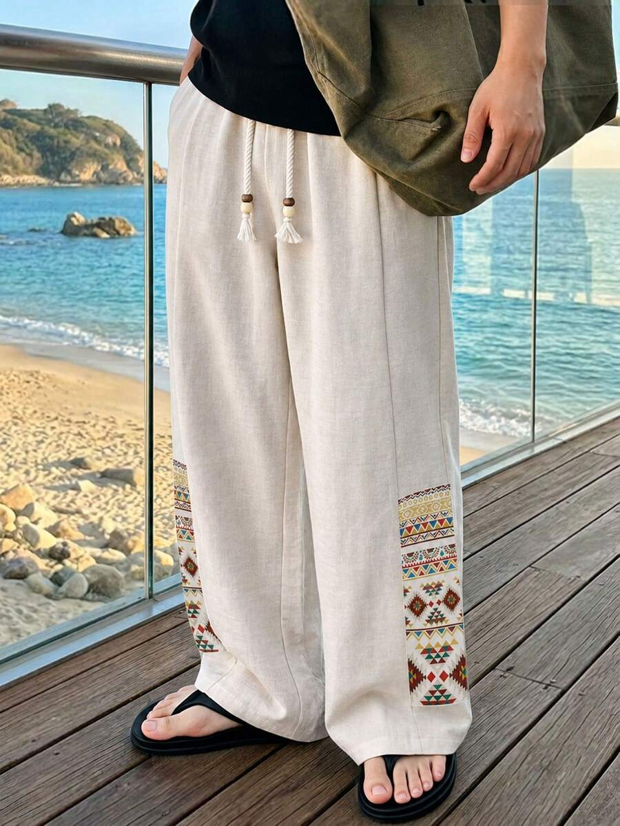 1pc Men's Pastoral Style Wide Leg Casual Pants With Exotic Pattern Patchwork Hem, Clean Silhouette, Versatile For Daily Commute And Casual Wear - Apricot - View 1