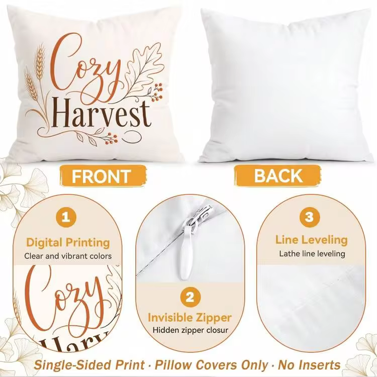 4pcs/1pc Line Art Harvest Autumn Pattern Pillow Case Without Insert, Single-Sided Printed Pillow Case, Suitable For Living Room Bedroom Home Decor, All-Season Pillow Case - Multi-color 06 - View 4