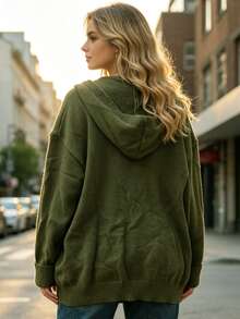 Plus Size Women Army Green Hooded Cardigan Bee Embroidery Knit Sweater Button Front Loose Coat Autumn Winter Cottagecore Fall - Army Green - View 5