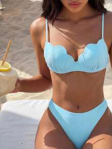 Bikinx Women's Solid Color Shell-Shaped Cup Bikini Set With Spaghetti Strap And Back Tie, Suitable For Beach Vacation Summer - Baby Blue - View 3