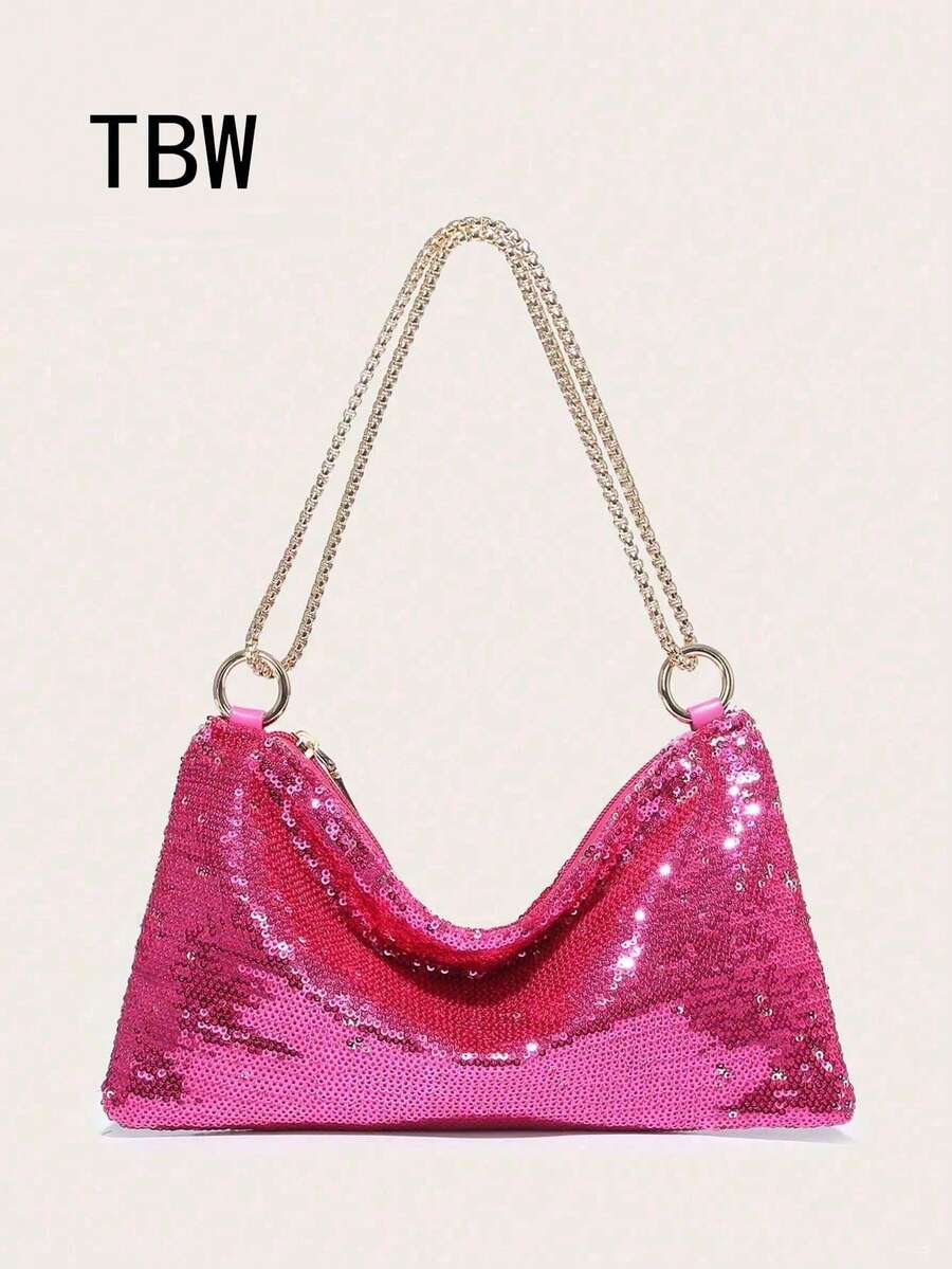 Women's Crossbody Bag, Decorated With Sequins, Satin And Rhinestones, Fashionable, Lightweight, Compact, Suitable For Parties And Outings. - Hot Pink - View 1