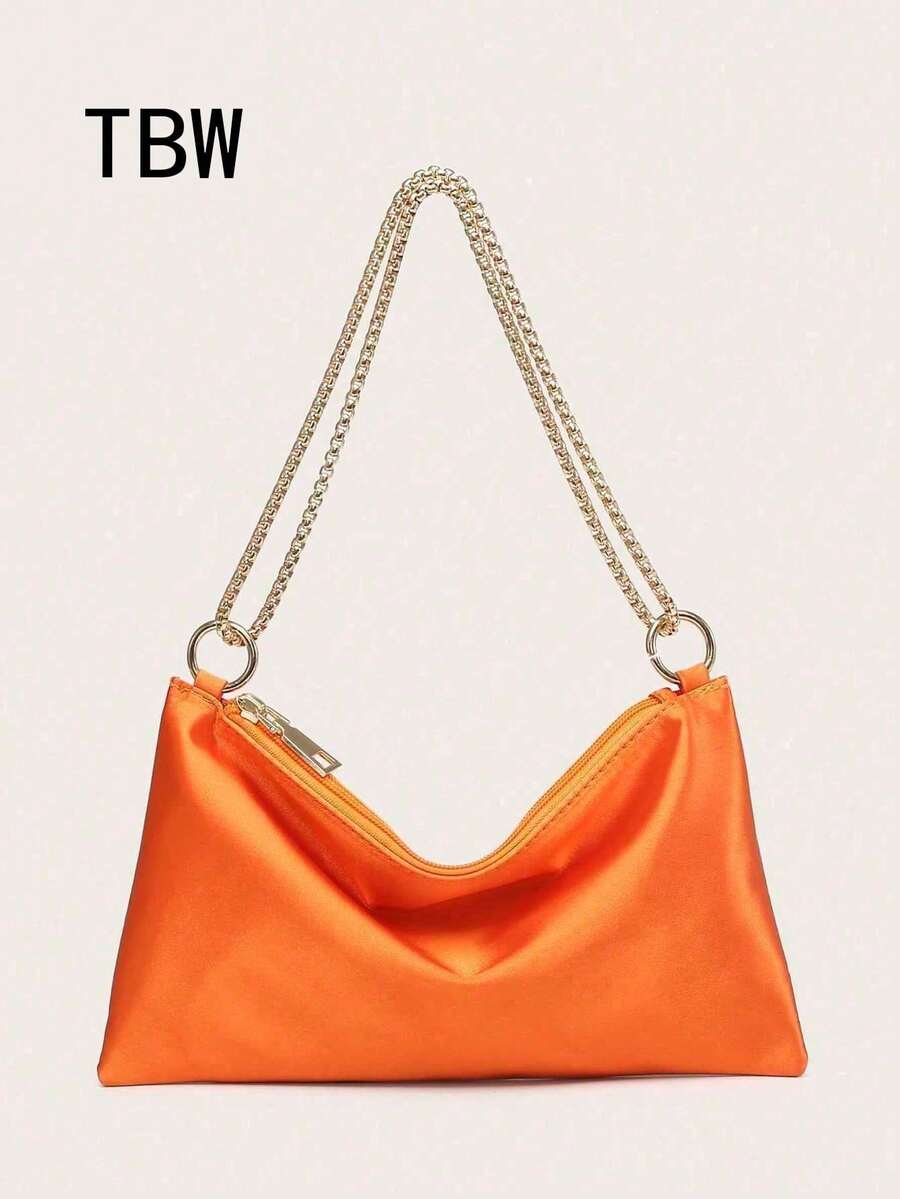 Women's Silk Satin Chain Crossbody Shoulder Bag, Fashionable, Lightweight, Compact, Suitable For Parties And Outings. - Orange - View 1