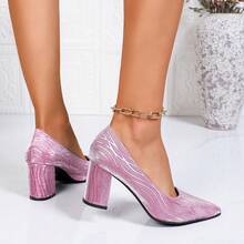 Women's Shiny Textured Pointed Toe Low Vamp Chunky Heel Slimming High Heel Pumps For Dating, Party, Versatile Formal Occasions - Purple - View 4