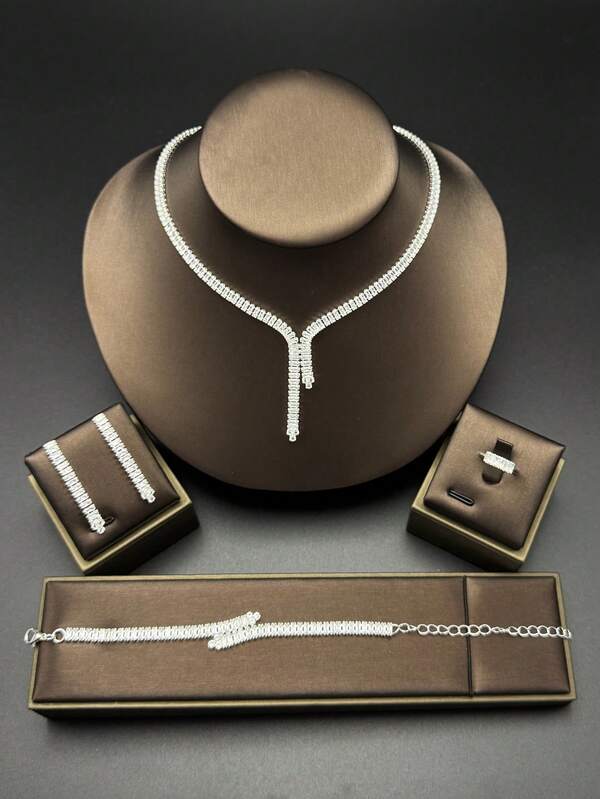 Nuevo Juego de Joyas de Lujo Brillante de 5 piezas/Set para Mujer, Collar + Aretes + Pulsera + Anillo, Adecuado para Novia Boda, Banquete, Festival, Espectáculo en Escenario, Accesorios Elegantes Glamorosos de Alta Gama