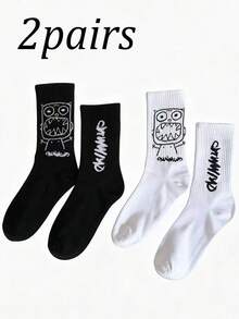 2 Pasang Kaos Kaki Setengah Betis Unisex Motif Huruf Monster Grafiti Hitam Putih - MultiWarna - View 7