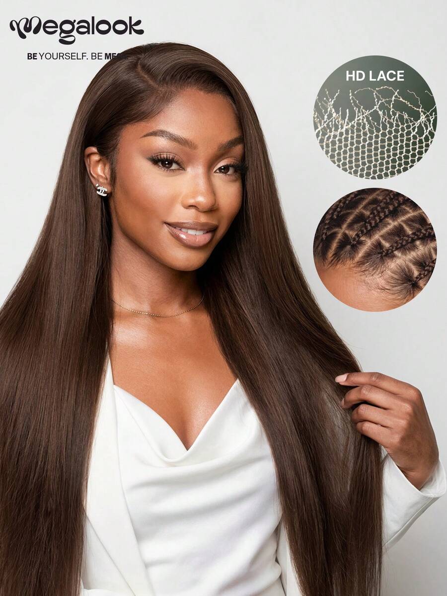 MEGALOOK Dark Brown 13x6 HD Lace Frontal Wigs 100% Human Hair Pre-Plucked Natural Hairline Breathable Cap Part Everywhere 250% Density With Drawstring Beginner Friendly - S4 - View 1