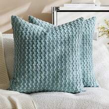 1/2pcs Haze Blue Bohemian Striped Pillow Case (Pillow Insert Not Included), Soft Plush Corduroy Solid Color Decorative Square Pillow Case, Suitable For Holiday, Sofa, Bedroom, Bed, All Seasons Use. - Dusty Blue - View 18