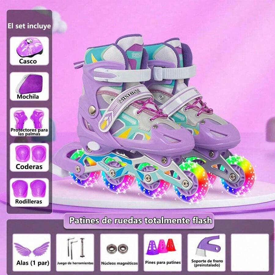 Patines de ruedas de dos hileras, patines de ruedas ajustables para niños de tamaño de cuatro ruedas - Morado - Ver 1