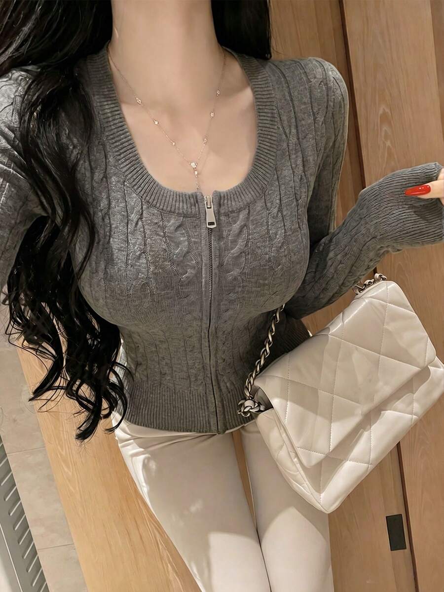 Vintage Zipper Waist-Cinching Slim-Fit Grey Short Cardigan, Elastic Knit Fabric Flattering Women's Cardigan, Suitable For Women Aged 18-35, Autumn - Dark Gray - View 1