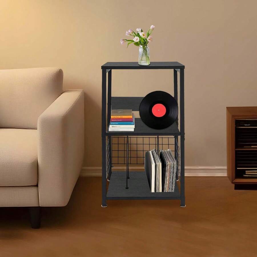 3-stufiger Schallplattenständer, Modern Plattenständer mit 4 Fußpolster, Plattenspieler Stand mit Herausnehmbaren Trennwänden Tragfähigkeit 45.36kg, für Aufbewahrung von Unterlagen (Schwarz) - Schwarz - Übersicht 1