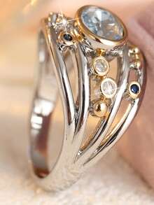 Gmzalx Vintage Luxury Hollow Multi-Layer Ring, Oval Transparent Synthetic Zirconia Women's Accessory, Suitable For Vacation, Party, Wedding, Holiday Gift - Multicolor - View 4