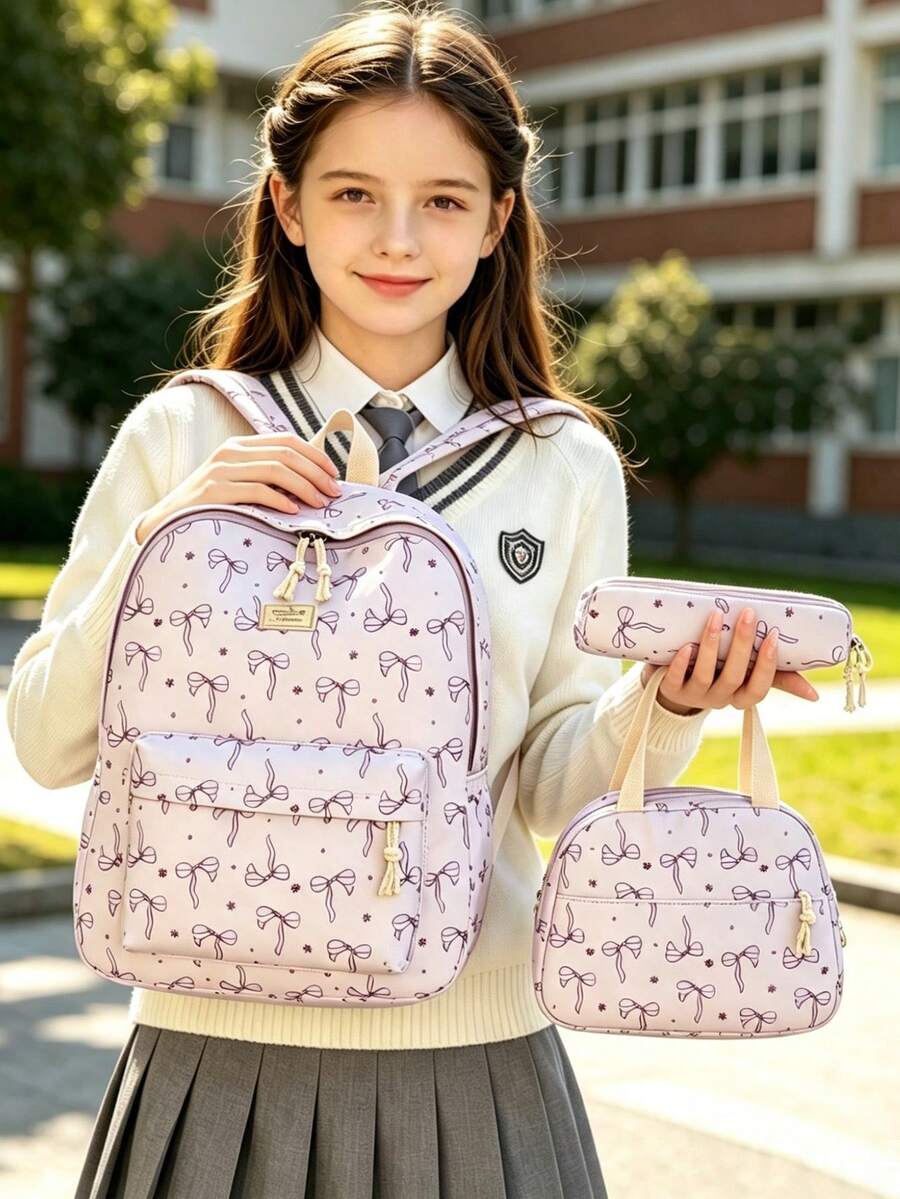 3 PiecesFashionable Collegiate Style Bow Pattern Backpack Set, Includes Backpack, Lunch Bag And Pencil Case, With Laptop Compartment, Adjustable Shoulder Straps, Multi-Pocket Large Capacity, Multi-Functional School Bag Set, Suitable For Girls/Teens/College Students/Graduates Daily Use/Vacation/Travel/Back To School