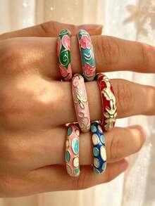 6pcs/1pc Elegant Vintage Colorful Oil Drop Pattern Enamel Ring Set, Personalized Fashion Fairy Style Women's Open Ring Jewelry Set, Suitable For Daily Wear, Party, Vacation, Casual, Date, Holiday, Gift For Friends, Family, Couples - Multicolor - View 2