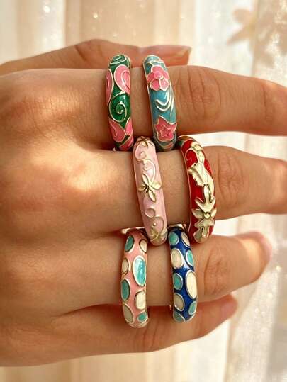 6pcs/1pc Elegant Vintage Colorful Oil Drop Pattern Enamel Ring Set, Personalized Fashion Fairy Style Women's Open Ring Jewelry Set, Suitable For Daily Wear, Party, Vacation, Casual, Date, Holiday, Gift For Friends, Family, Couples