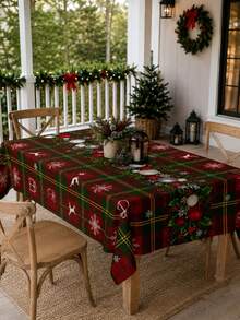1pc Christmas Plaid Tablecloth, Classic Polyester Rectangular Tablecloth, Printed With Greenery Wreath, Red Berries, Decorative Balls And Snowflake Patterns, Suitable For Kitchen Decor, Wedding, Home Decor, Room Decor, Christmas Home Decor And Classroom Decor - Multicolor - View 9
