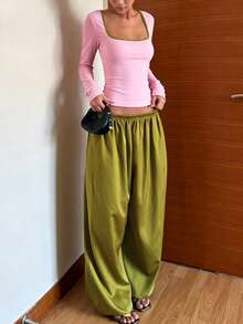 Women's Autumn Fashion Square Neck Long Sleeve Top And Comfortable Loose Green Wide Leg Pants Set - Green - View 6