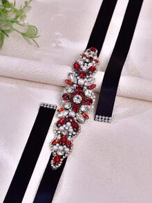 1pc Fashion Burgundy Rhinestone Applique Bridal Belt, Handmade Wedding Accessories, Versatile Evening Gown Decoration, Black Ribbon Halloween - Black - View 9