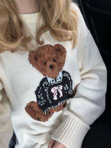 Plus Size Women's Round Neck Thick Knit Sweater, Cute Teddy Bear Pattern Drop Shoulder Long Sleeve Pullover, Casual Autumn/Winter Sweater - White - View 7