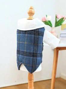1pc Pet Clothes Dog Cat Clothing Apparel Autumn/Winter Warm Little Gentleman Vest - Blue Plaid - Blue - View 5