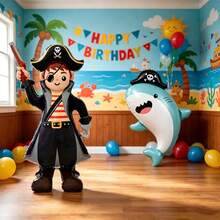 2pcs Standing Large Base Pirate & Shark Shaped Balloons, Suitable For Birthday Party Celebration Decoration, Holiday Party Atmosphere Decoration, Indoor Outdoor Room Scene Arrangement - View 2