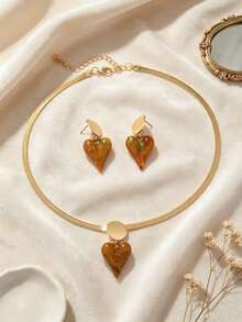 1 Set Vacation Style Colorblock Resin Heart Geometric Snake Chain Necklace & Earrings Set, Suitable For Women's Daily Wear - Green - View 2