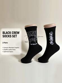 2 Pasang Kaos Kaki Setengah Betis Unisex Motif Huruf Monster Grafiti Hitam Putih - MultiWarna - View 5