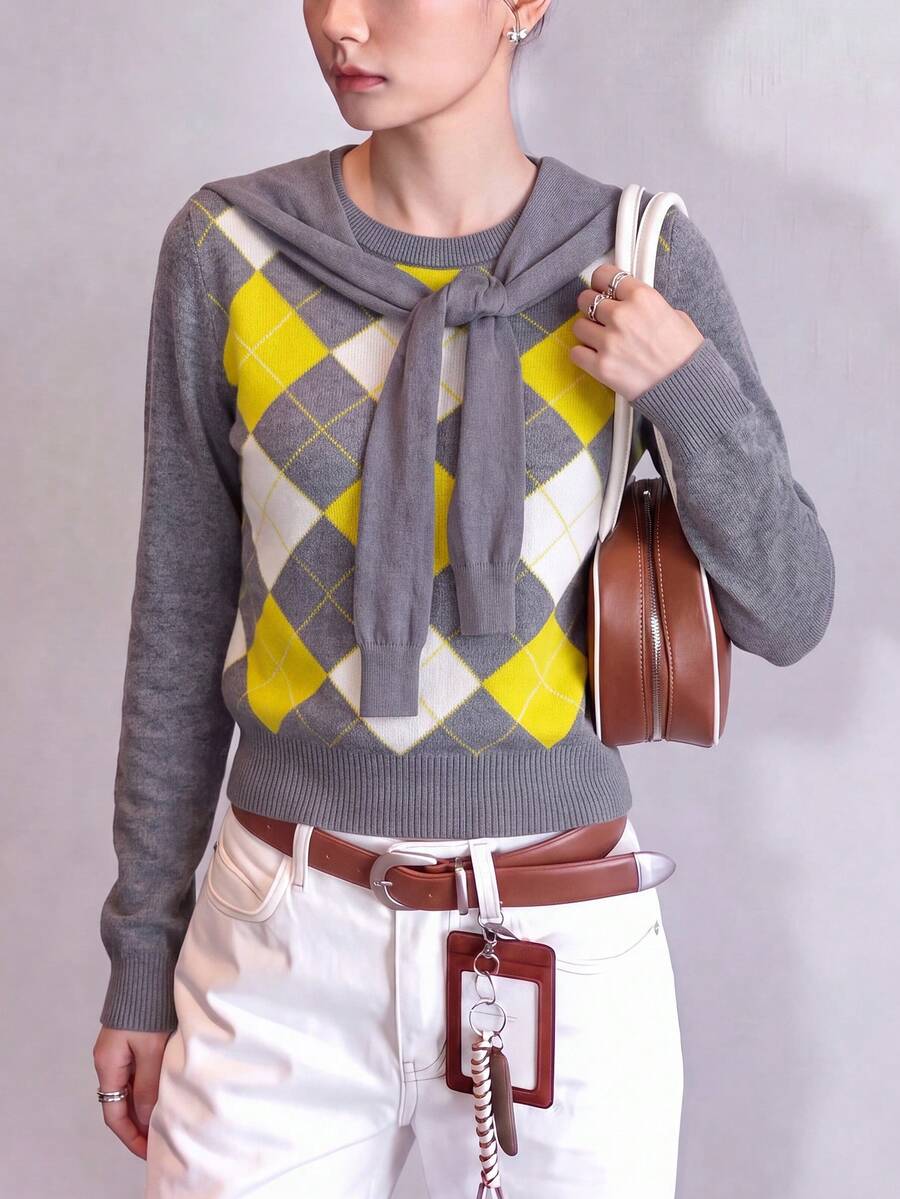 Women's Winter Casual Minimalist Argyle Pattern 2 In 1 Pullover Sweater With Scarf Design - Grey - View 1