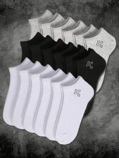 10 Pairs Unisex Socks, Halloween, Sports Socks, White/Black/Grey Short Socks, Comfortable Cross Pattern Moisture-Wicking Breathable Classic Solid Color Minimalist Fashion Socks, Suitable For Daily Casual Wear Back To School Season