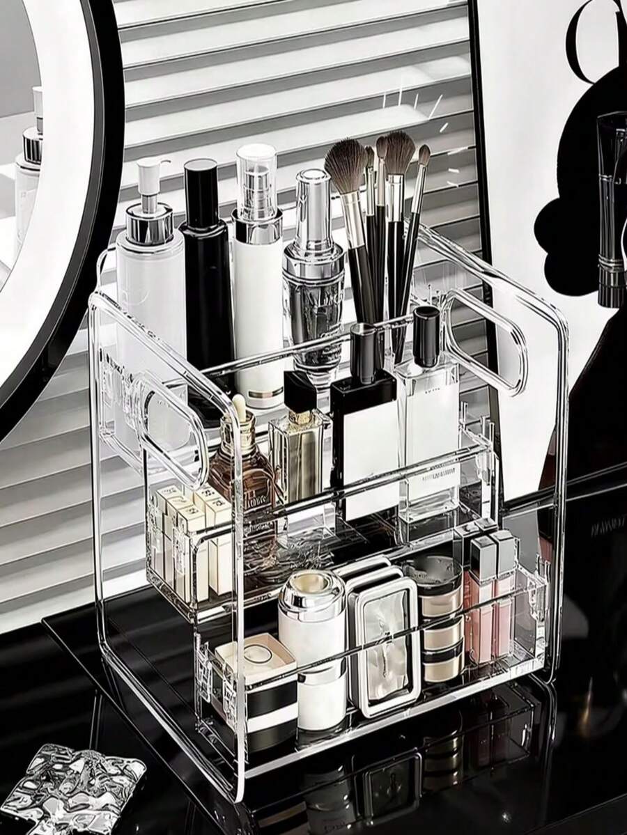1pc 3-Tier Transparent Acrylic Cosmetic Storage Box, Large Capacity Makeup Display Rack, Desktop Drawer Organizer, Made Of Transparent Acrylic Material, Layered Design, Can Store Lipstick, Eye Cream, Cushion Powder, Lotion, Makeup Brushes
