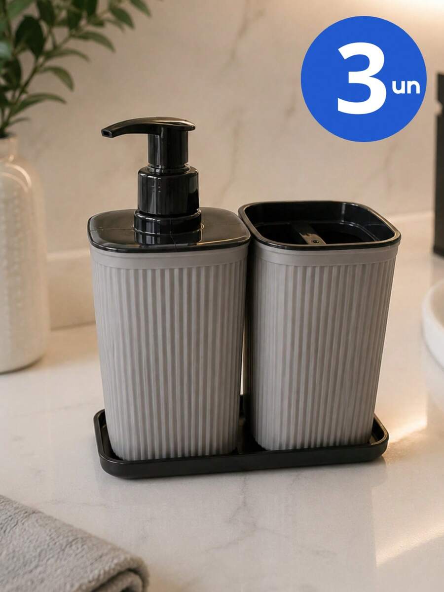 Kit Acessórios De Banheiro 3 Peças Porta Escova Porta Sabonete Líquido Organizador - CINZA - Visão 1