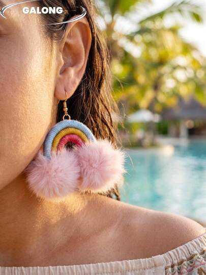 Autumn/Winter New Plush Rainbow Earrings, Cute Quirky Cloud Pom Pom Ear Dangles, Girly Contrast Color Knitted Earrings, Youthful Sweet Style