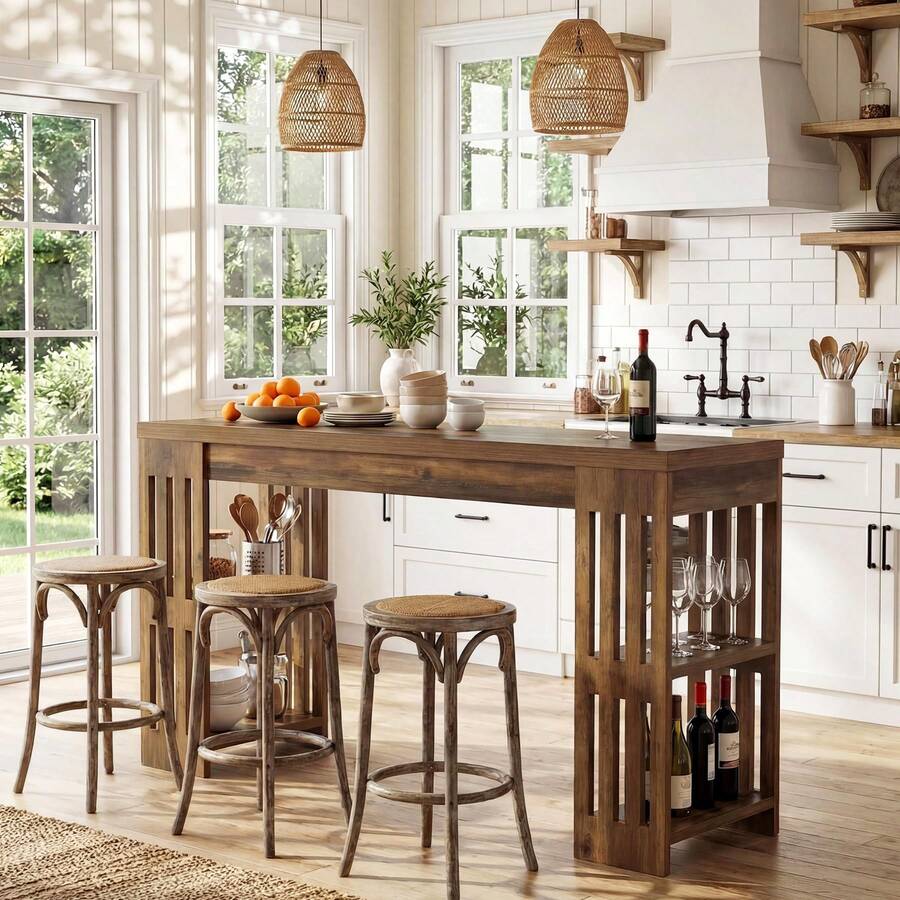 LITTLE TREE 160cm Wooden Bar Table‑Wine Rack‑Storage Shelves‑Brown‑Bistro Home Bar Unit‑For Kitchen Dining Living Room