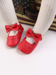 Premium Infant Girl Bow Mary Jane Shoes, Soft Sole Non-Slip Newborn Princess Walking Shoes - Red - View 5