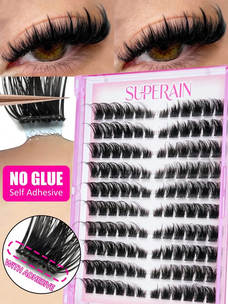 120 Clusters Glue-Free Dense False Eyelashes, Transparent Stem Self-Adhesive, Easy To Wear And Quick Application, Suitable For Dating, Travel, Halloween And Other Occasions, Segmented False Eyelashes - D - View 1