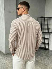 WAIT HIM Men's Casual Striped Half-Placket Long Sleeve Shirt - Khaki - View 7