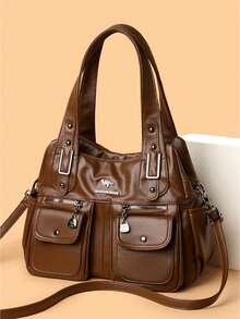 Large Capacit PU Leather Tote Bag Women's Commuter Bag 2026 New Style Handbag Shoulder Bag Crossbody Bag Soft Handle Bag - Brown - View 1