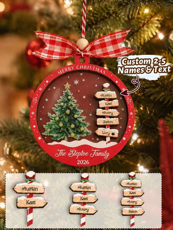 Custom Round Christmas Tree Ornament, Personalized Family Name Holiday Hanging Decor, Festive Christmas Tree Decoration, Customized 2-5 Names Keepsake, Farmhouse Home Decor, Customizable Text Christmas Gift For Family, Father, Mother, Merry Christmas