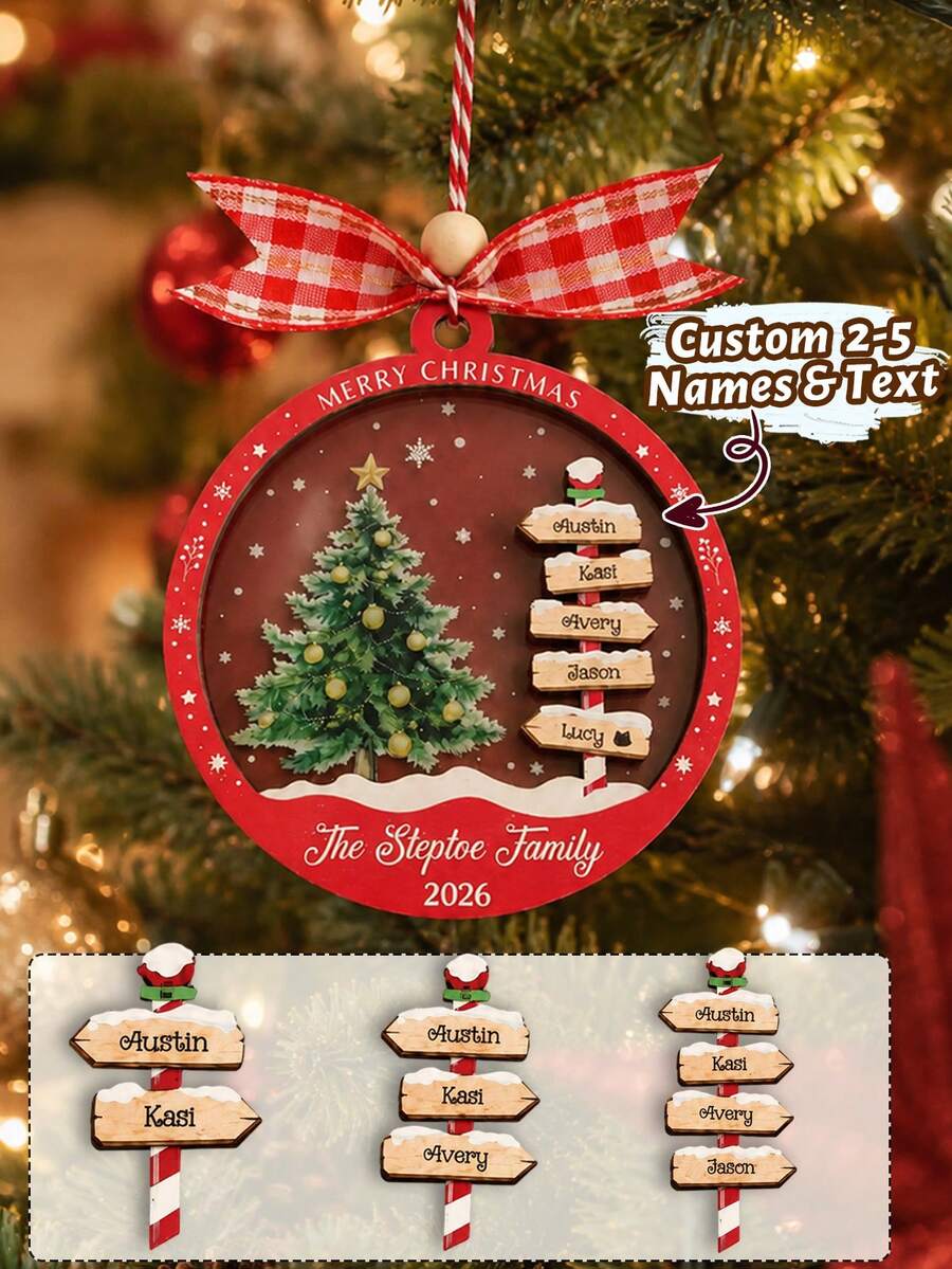 Custom Round Christmas Tree Ornament, Personalized Family Name Holiday Hanging Decor, Festive Christmas Tree Decoration, Customized 2-5 Names Keepsake, Farmhouse Home Decor, Customizable Text Christmas Gift For Family, Father, Mother, Merry Christmas - Style a - View 1